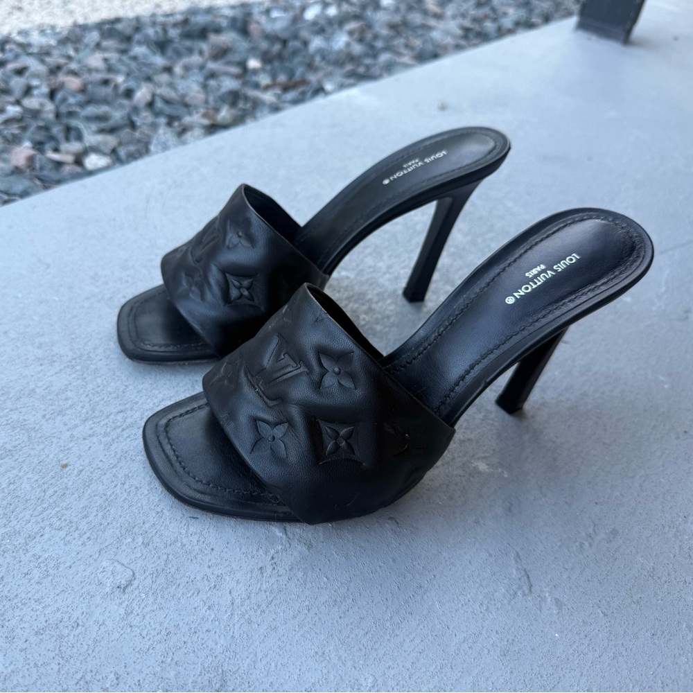 Louis Vuitton Black Embossed Heels Revival Mules